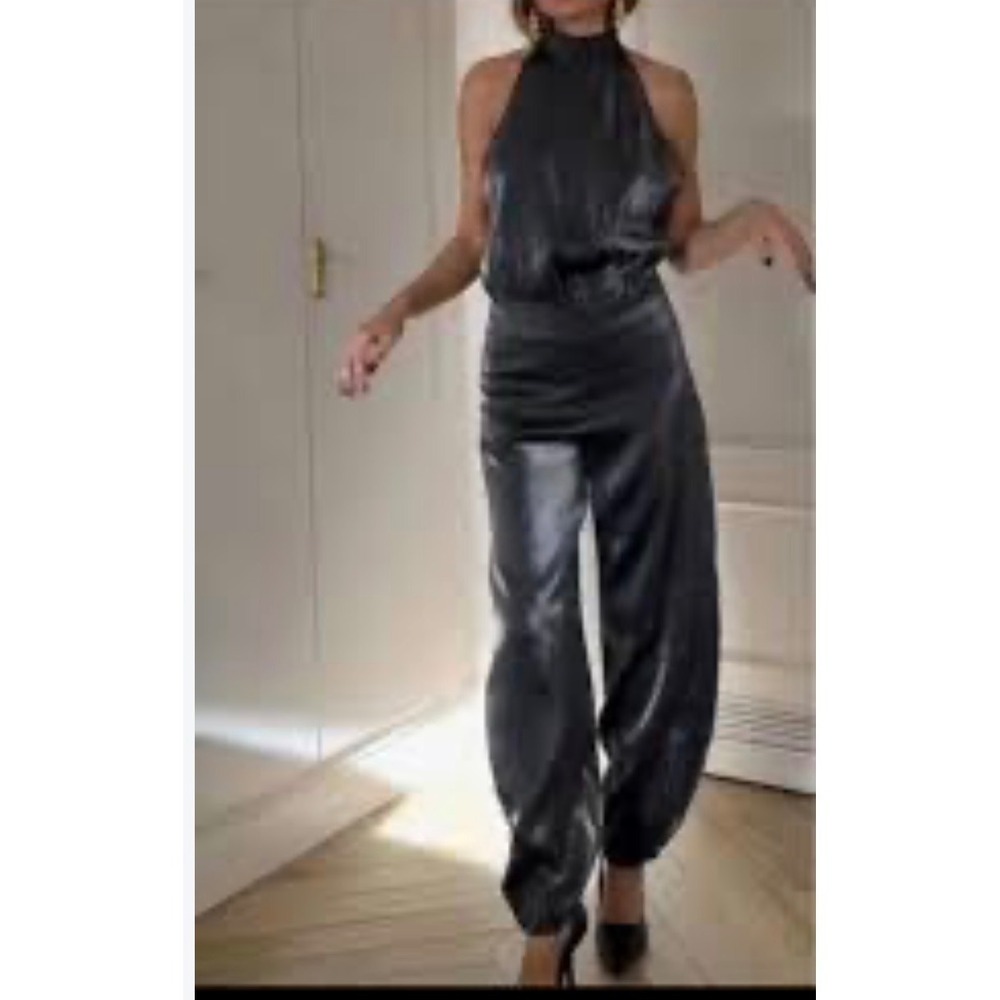 Zara Metallic Grey Halter Open Back Jumpsuit High Neck  Size L